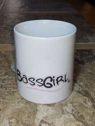 white ceramic mug, 15oz. with BassGirl logo