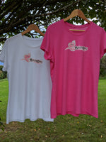 womens short sleeve tee with pink fish